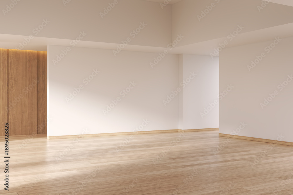 Obraz premium Spacious minimal living room interior. empty room, wooden floor, White wall mockup, 3D rendering