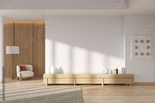 Obraz na plátně Spacious minamal living room interior with grey armchair, wooden TV sideboard an