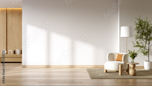 Modern  mid-century interior living room with white  armchair and wooden flooring on against warm white ,Natural Light.White wall mockup, 3D rendering