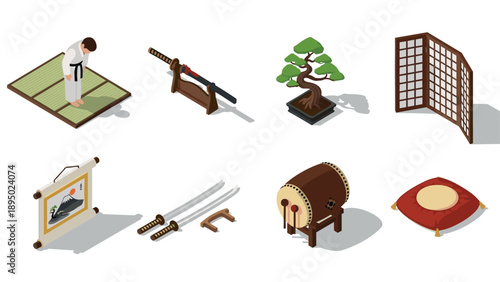 Isometric japanese culture icons: sword, bonsai, kimono, and more