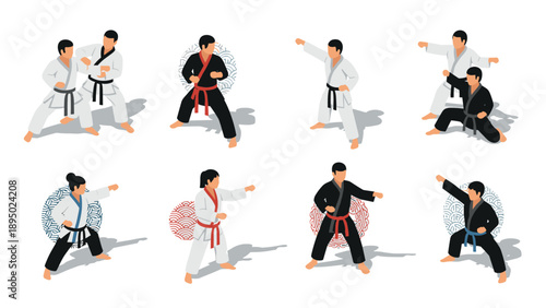 Isometric karate poses with decorative patterns on white background