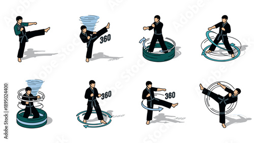 Martial arts moves: dynamic karate techniques illustrated in flat design