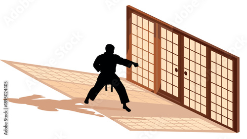 Karate practitioner silhouette performing a kick in japanese dojo setting