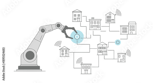 Industrial robotic arm with smart home network vector illustration