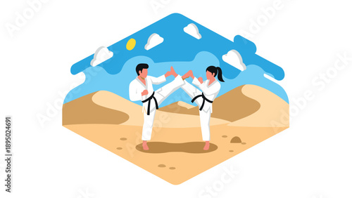 Martial arts training in desert landscape with clear blue sky and clouds