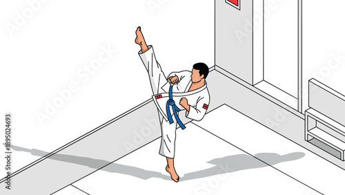 Isometric karate athlete practicing high kick in martial arts dojo