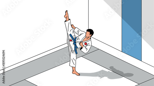 Karate athlete performing high kick in minimalistic isometric room