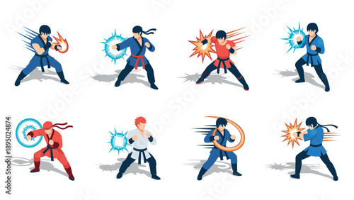 Dynamic martial arts poses in colorful isometric style with energy effects