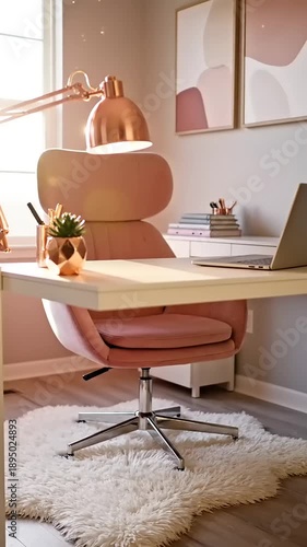 Modern Office Desk with Pink Chair and Laptop.