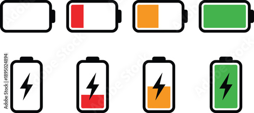 Set of horizontal and vertical battery life indicator icons showing various charge levels from empty to full including charging status symbols with lightning bolts.