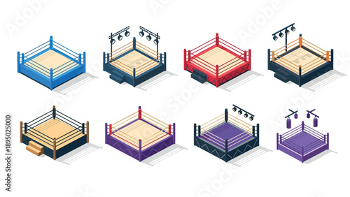 Colorful isometric boxing and wrestling rings set with lighting