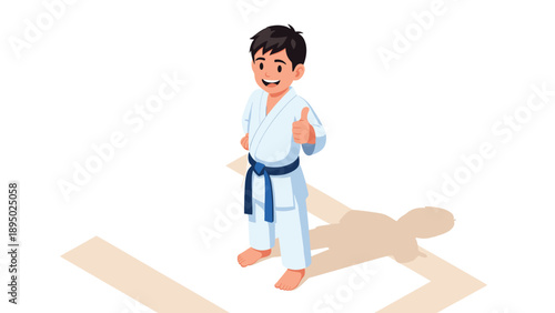 Smiling boy in martial arts uniform giving thumbs up on white background