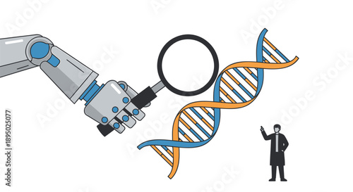 Robot arm examining DNA double helix with magnifying glass and businessman