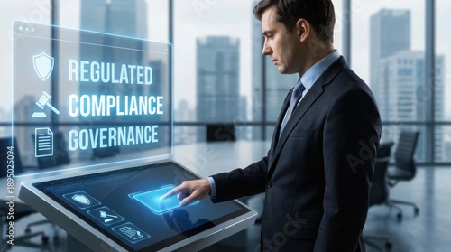 Businessman Managing Regulated Compliance and Corporate Governance on Futuristic Digital Interface Executive Risk and Control Concept Leadership under Regulation