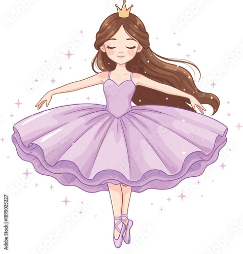 Graceful cartoon princess ballerina in a purple tutu dress with a golden crown dancing among magical stars for nursery decor, fairy tale branding, and dance invitations.