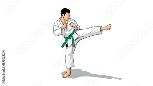 Karate athlete performing high kick in green belt uniform