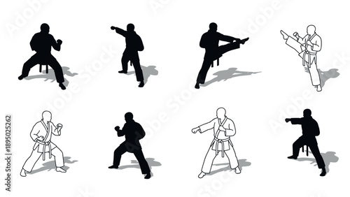 Martial arts silhouette and outline collection for dynamic design
