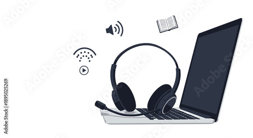 Vector illustration of a laptop with a headset and audio icons