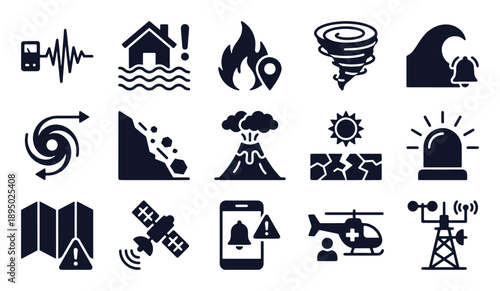 Natural disaster monitoring icon set. Glyph black silhouettes - earthquake sensor, flood alert, wildfire tracker, satellite monitoring, tsunami warning. Flat vector pictograms