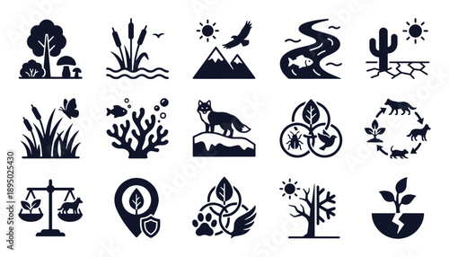 Nature and ecosystems icon set. Glyph black silhouettes - forest, river system, coral reef, biodiversity network, food chain. Flat vector pictograms