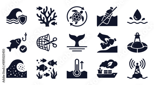 Ocean and marine life protection icon set. Glyph black silhouettes - coral reef, sustainable fishing, whale preservation, ship emission control. Flat vector pictograms