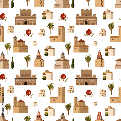 Seamless vector pattern with traditional Spanish architecture, palm trees, and pomegranates inspired by Andalusia and Granada.