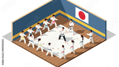Isometric martial arts class with students practicing in a japanese dojo setting