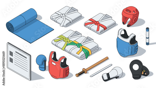 Martial arts equipment and gift boxes in isometric design