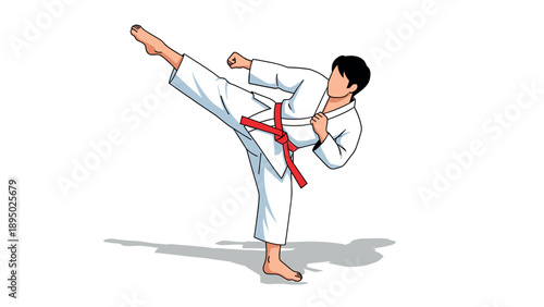 Dynamic martial arts kick: red belt karate practitioner in action