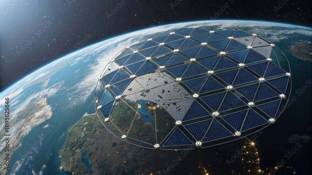 Naklejka premium Solar satellite in orbit around Earth generating clean energy