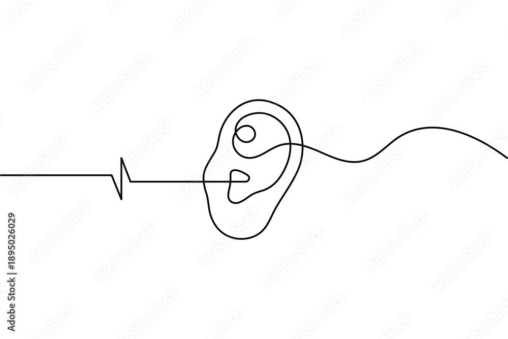Obraz premium Minimalist ear line drawing with frequency wave for audiology and hearing health