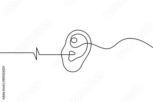 Minimalist ear line drawing with frequency wave for audiology and hearing health