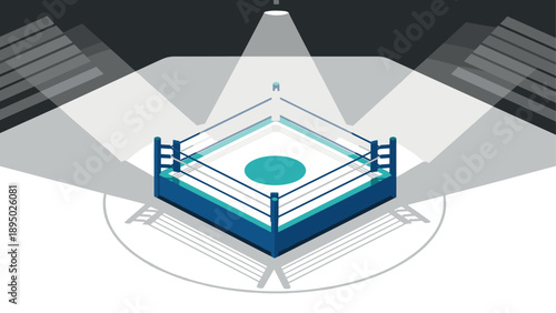 Isometric boxing ring under spotlight in stadium with dramatic lighting