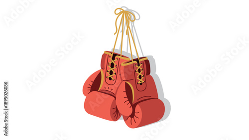 Hanging boxing gloves with shadow on white background