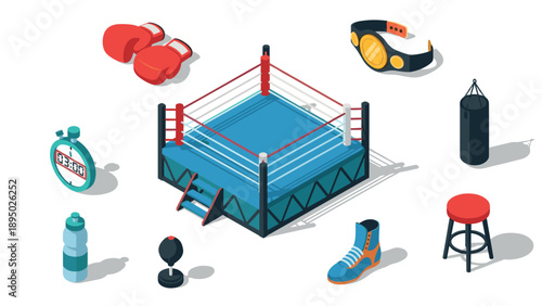 Isometric boxing equipment set with ring, gloves, timer, and accessories