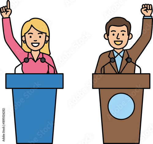 Male and Female Political Candidates or Business Leaders Giving a Speech Behind a Podium with Microphones and Raised Hands During a Public Election Campaign or Press Conference Vector Illustration