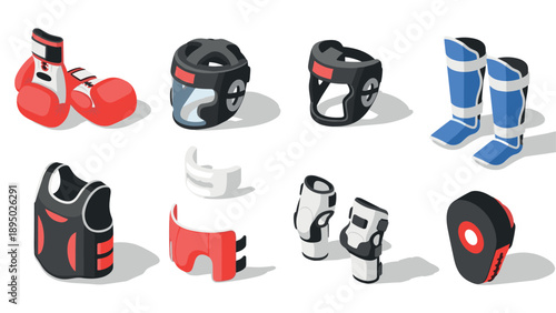 Isometric boxing gear: gloves, helmets, pads, and protective equipment set