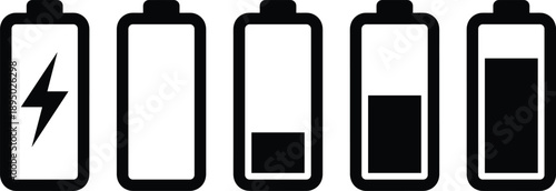 Vector Icon Set of Battery Life Indicators Showing Different Charging Levels from Empty to Full with Lightning Bolt Symbol for Mobile Interface and Energy Power Design