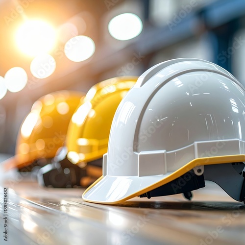 Wallpaper Mural Row of Hard Hats on a Wooden Surface with Bright Backlight. Torontodigital.ca