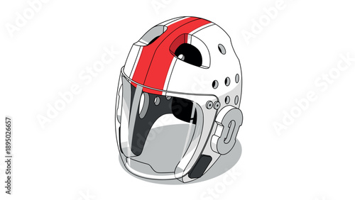 Futuristic protective helmet with visor and red stripe on white background
