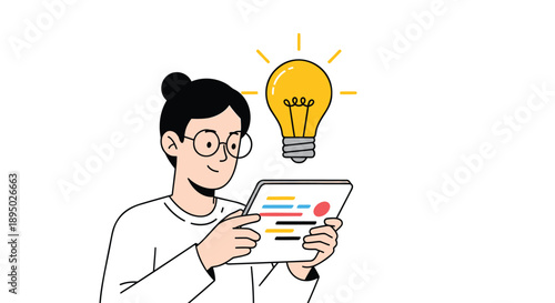 Vector illustration of a woman with a lightbulb moment using a tablet