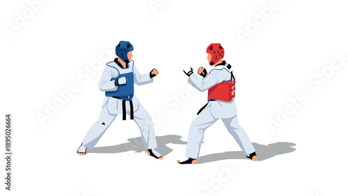 Dynamic martial arts scene with two taekwondo competitors in action