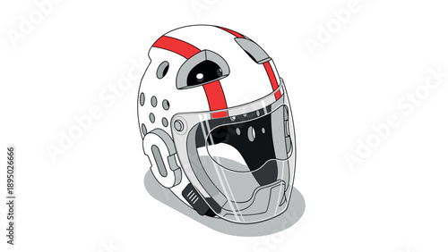 Futuristic helmet in isometric style with red stripes and transparent visor