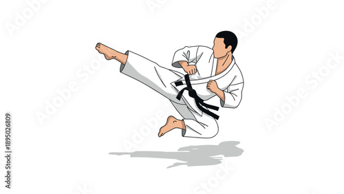 Martial artist performing dynamic karate kick in action pose with white gear