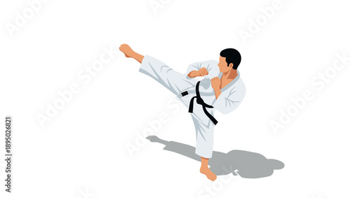 Karate master performing high kick in white gi with black belt on white background