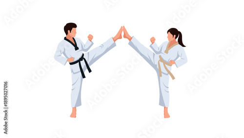 Martial arts duo in high kick stance wearing taekwondo uniforms