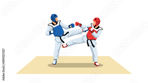 Dynamic taekwondo match: athletes in protective gear sparring on mat