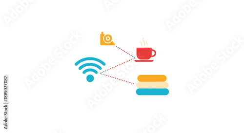 Vector icons of coffee, wifi, and pastry connected by lines