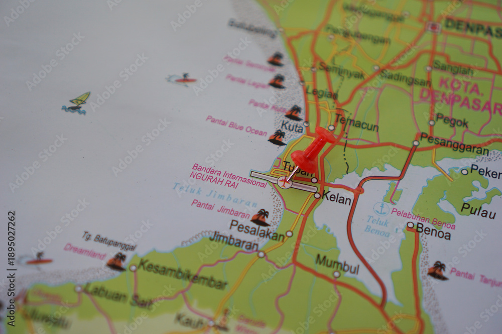 Naklejka premium View of Ngurah Rai International Airport, Bali Island on a geographic map, marked with a red pin