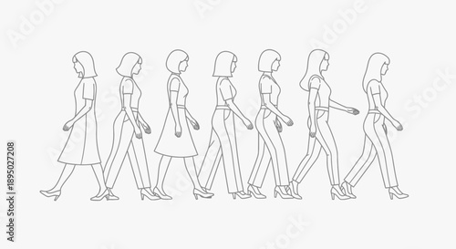 Line Art Illustration of Women Walking in Sequence.